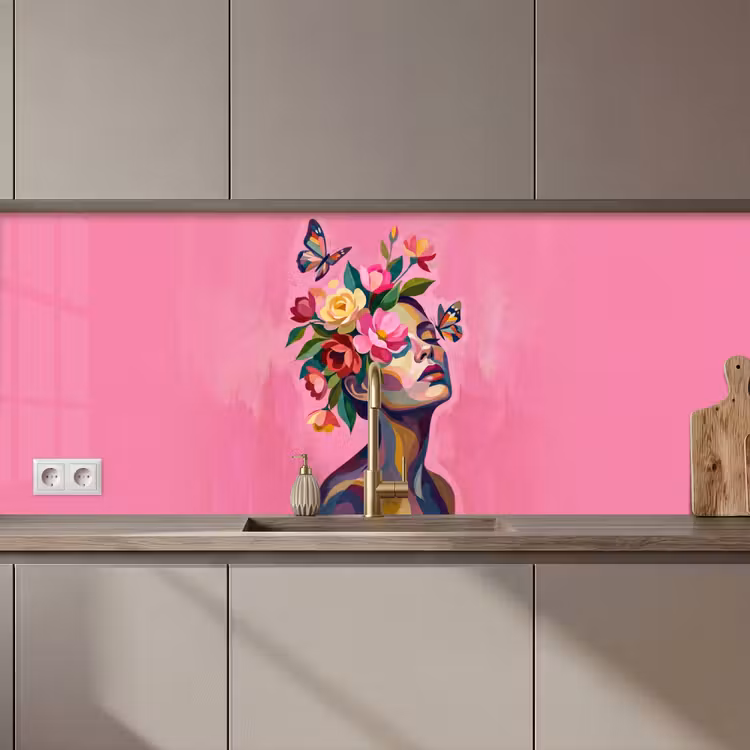 Keuken achterwand - Vrouwengezicht - Vlinders - Kleurrijk — 1