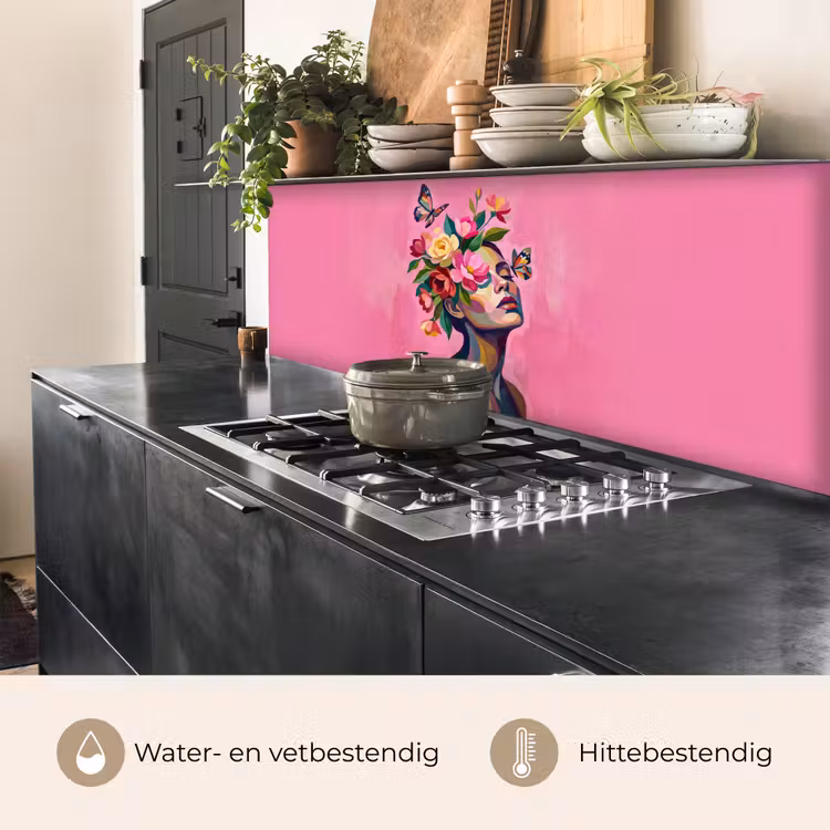 Keuken achterwand - Vrouwengezicht - Vlinders - Kleurrijk — 3