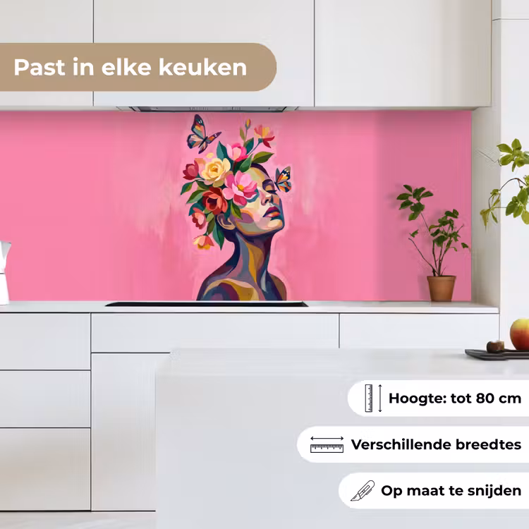 Keuken achterwand - Vrouwengezicht - Vlinders - Kleurrijk — 4