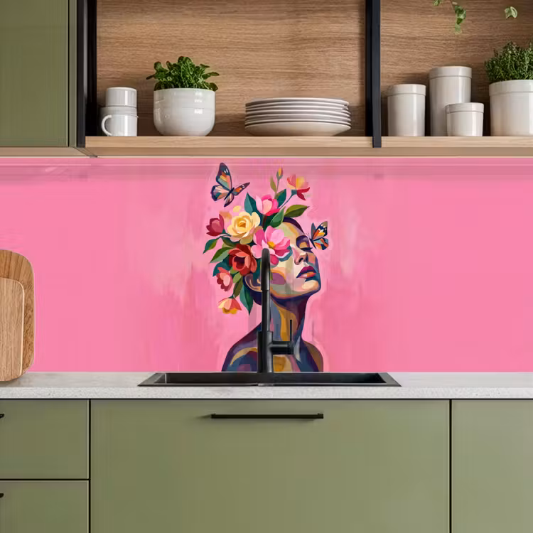 Keuken achterwand - Vrouwengezicht - Vlinders - Kleurrijk — 5