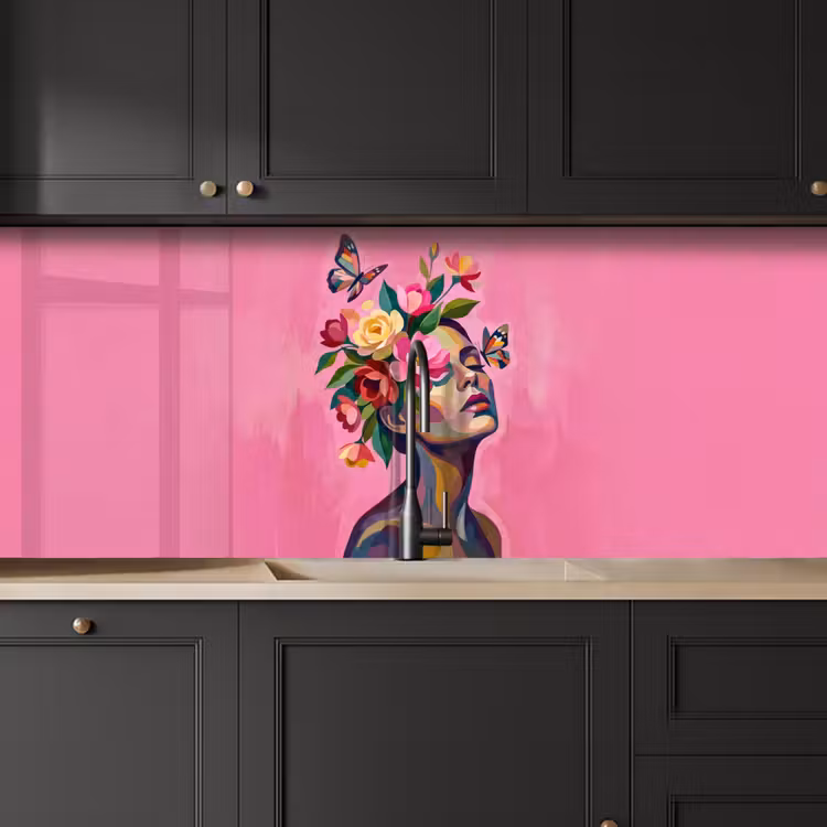 Keuken achterwand - Vrouwengezicht - Vlinders - Kleurrijk — 6
