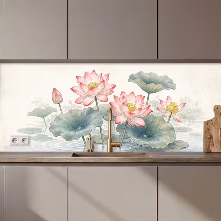 Keuken achterwand - Aquarel - Lotusbloemen - Kleurrijk — 1