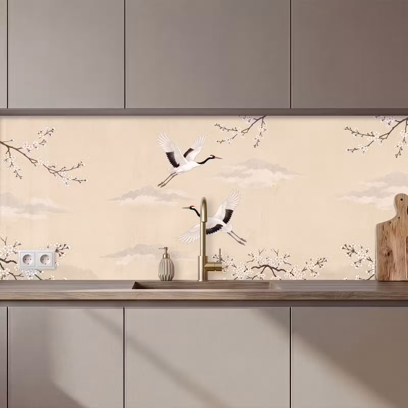Keuken achterwand - Kraanvogels - Bloesem - Beige — 1