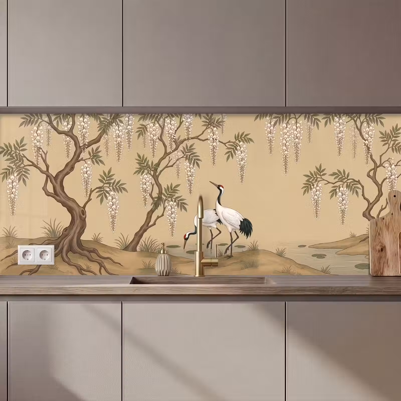 Keuken achterwand - Kraanvogels - Water - Beige — 1