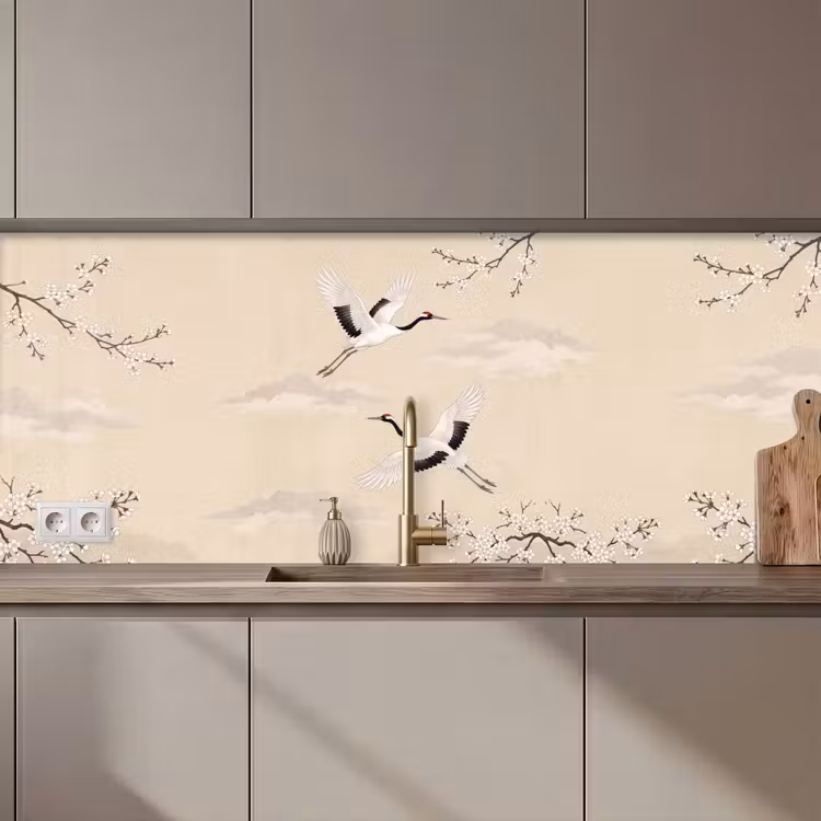 Keuken achterwand - Kraanvogels - Bloesem - Beige — 1