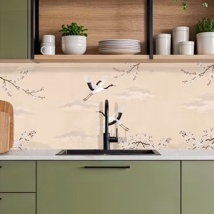 Keuken achterwand - Kraanvogels - Bloesem - Beige — 5