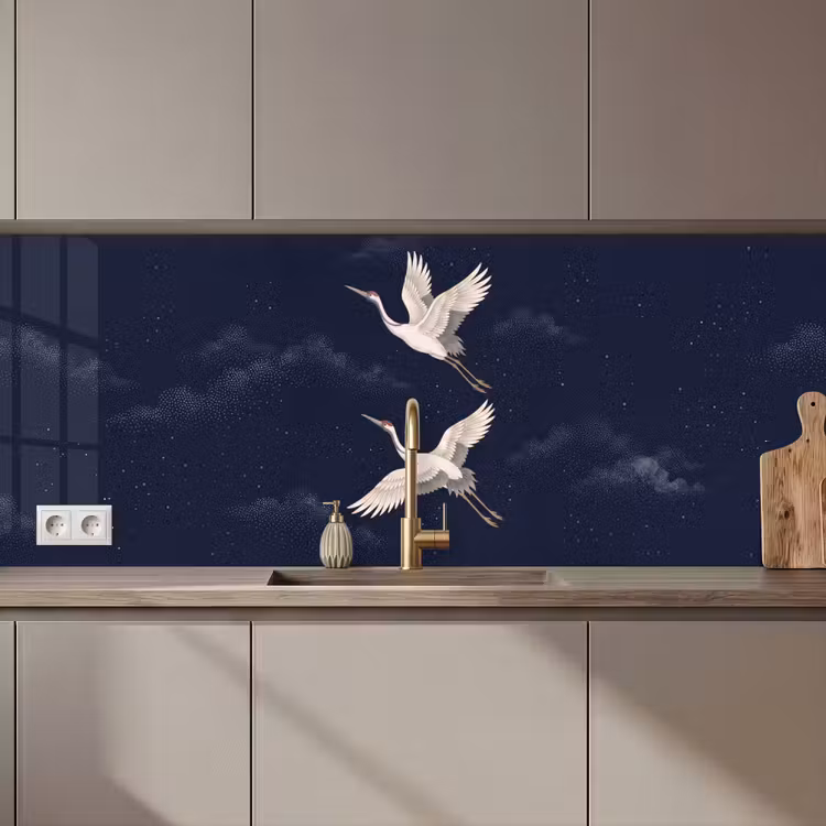 Keuken achterwand - Kraanvogels - Nachthemel - Blauw — 1