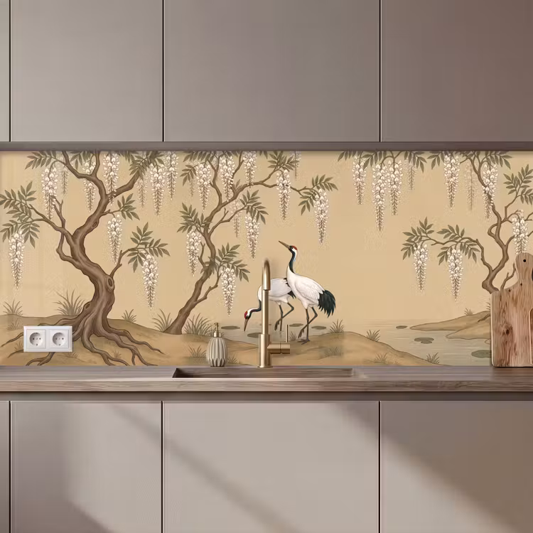 Keuken achterwand - Kraanvogels - Water - Beige — 1