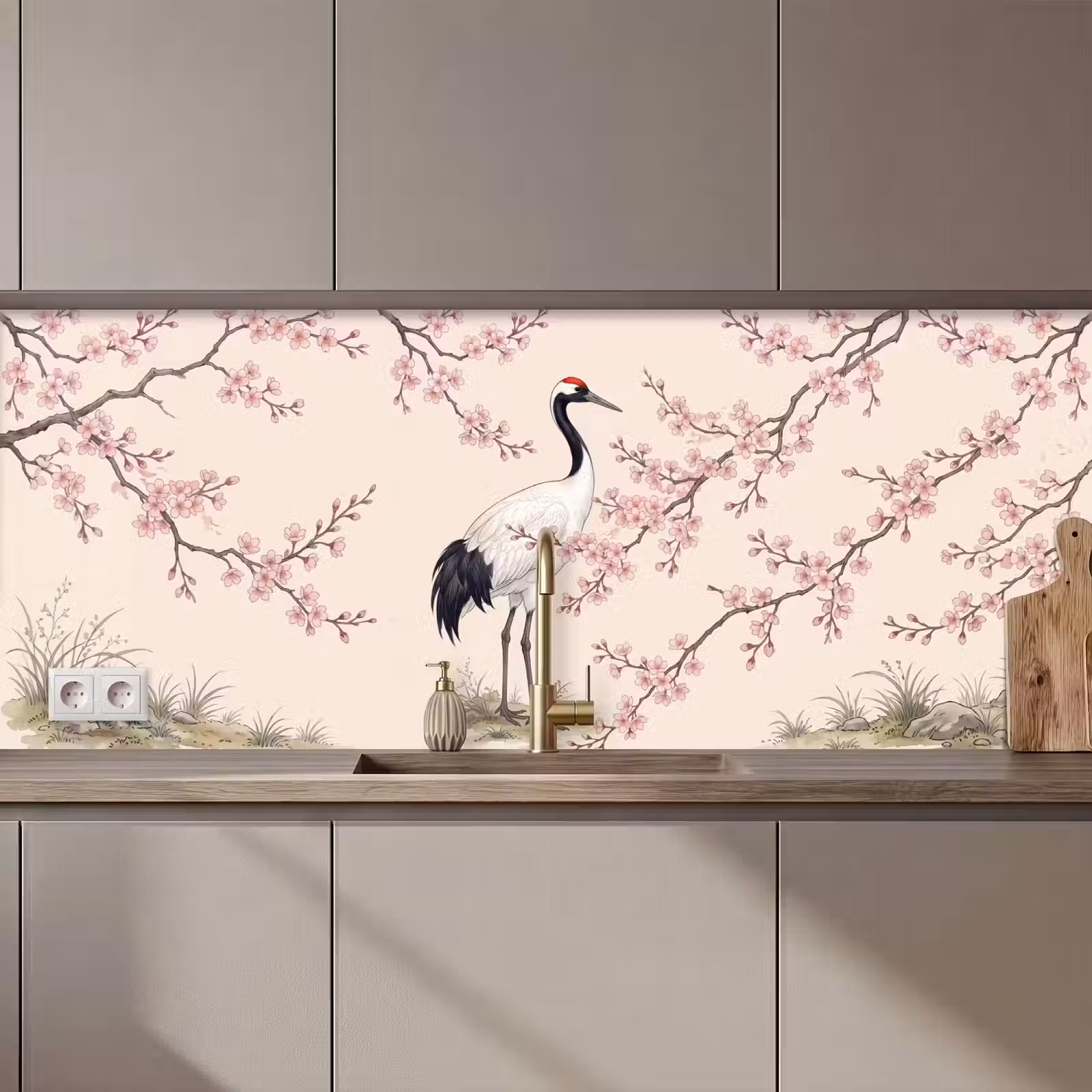 Keuken achterwand - Aziatisch - Kraanvogel - Beige — 1