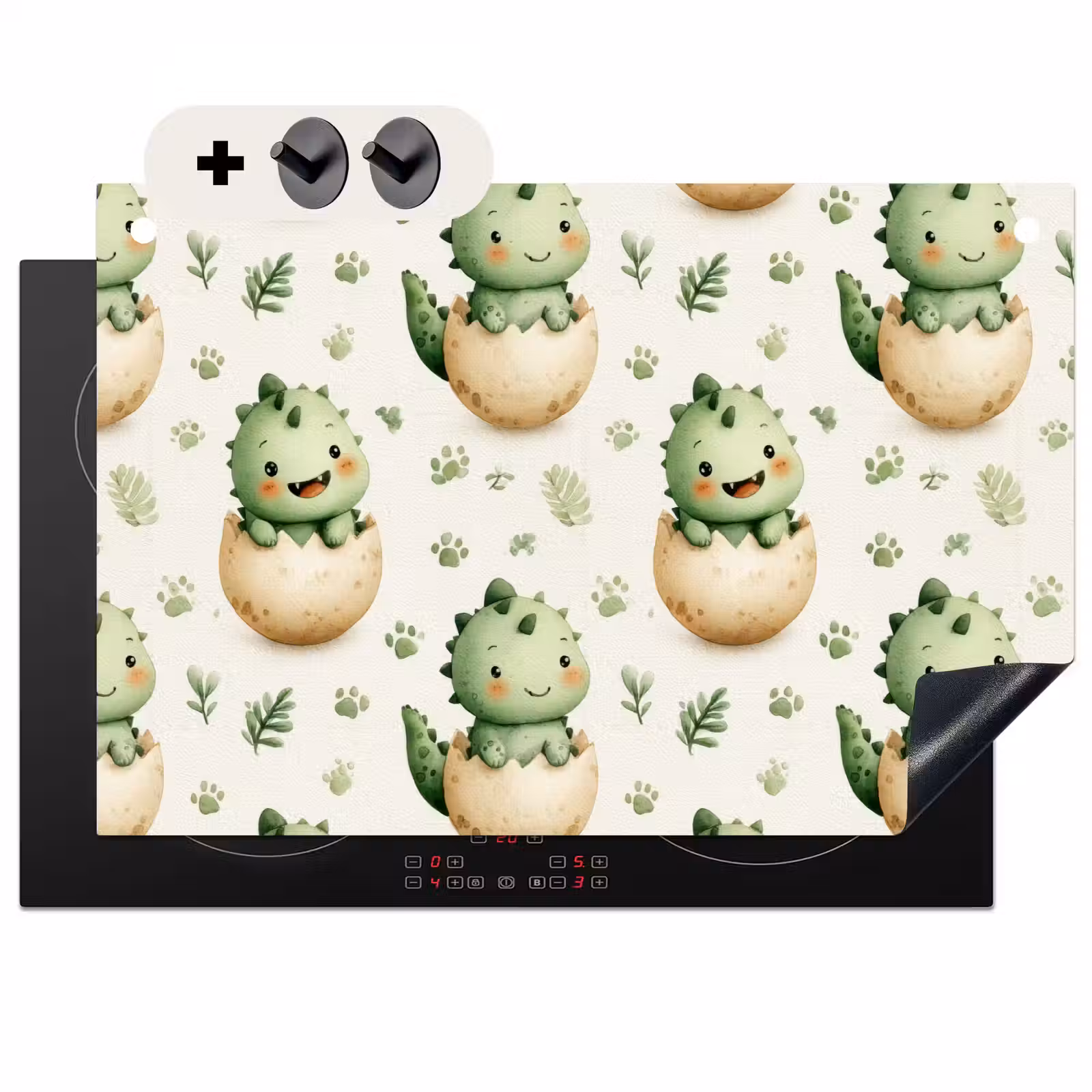 Inductie beschermer en spatscherm (2in1) - Dino - Eieren - Groen — 1