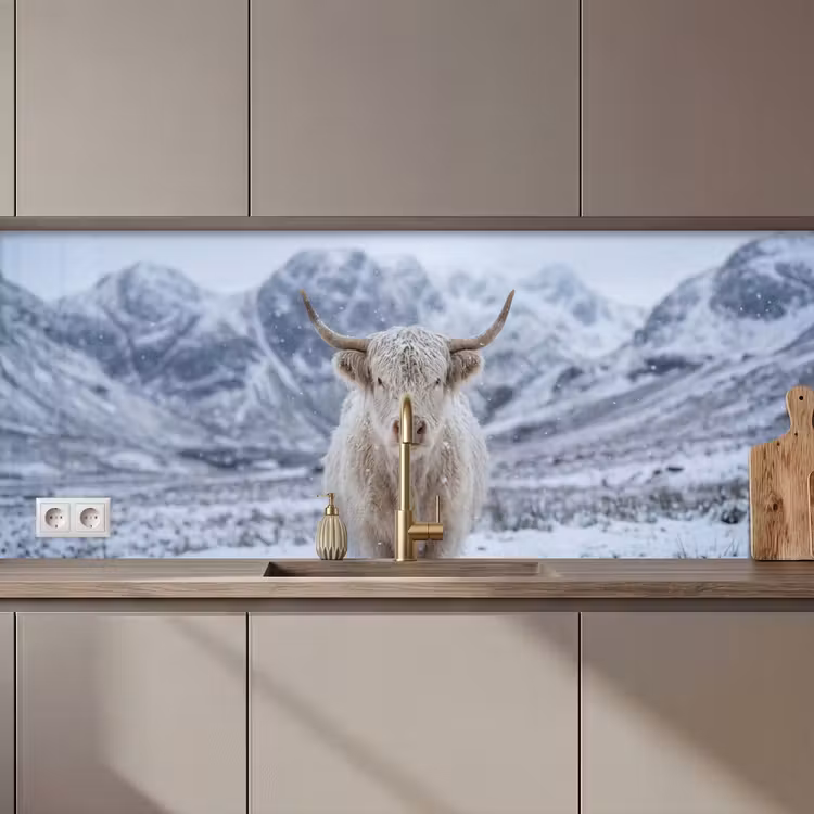 Keuken achterwand - Schotse Hooglander - Sneeuw - Bergen - Winter — 1