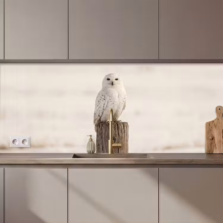 Keuken achterwand - Sneeuwuil - Paal - Winter - Portret - Majestueus — 1