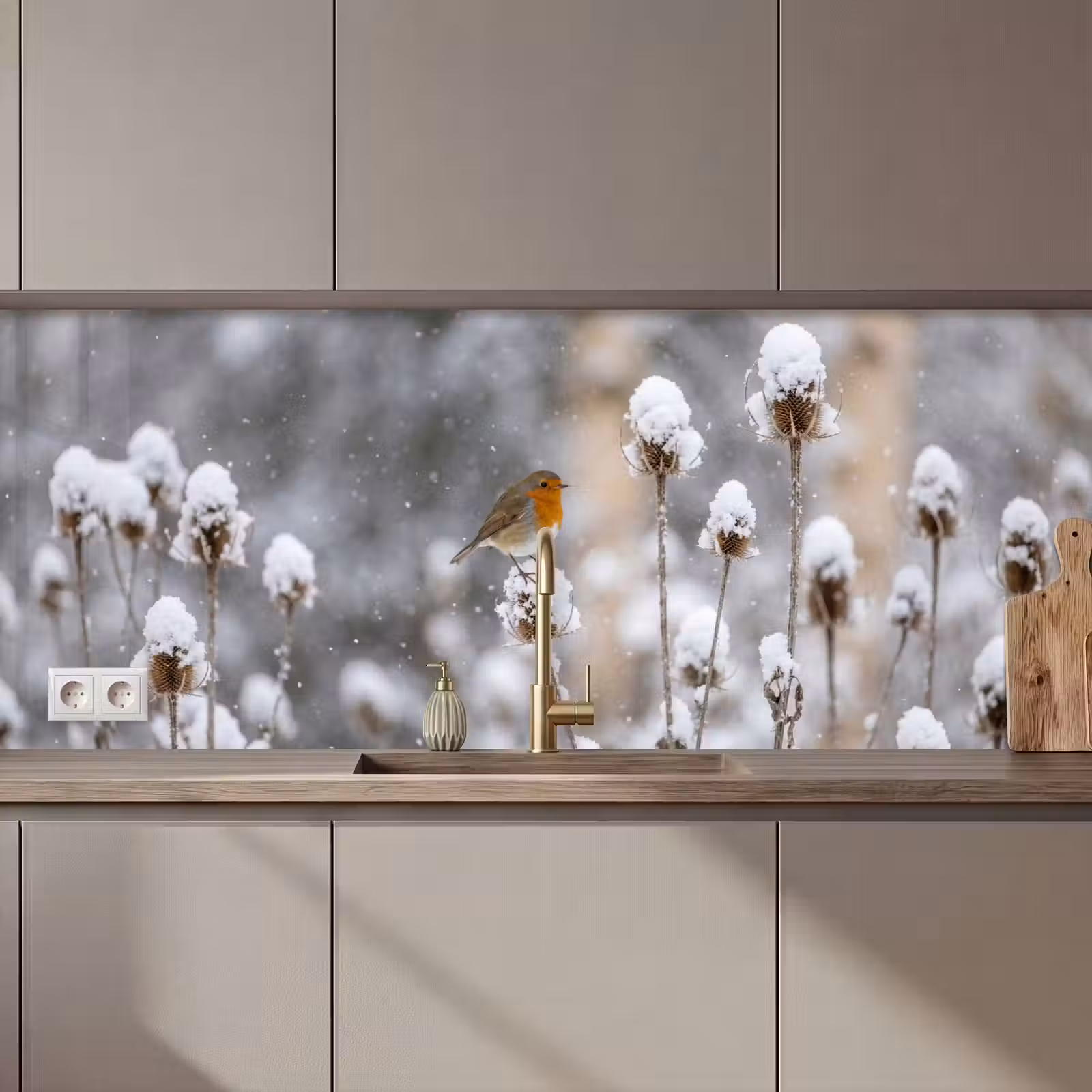 Keuken achterwand - Roodborstje - Gedroogde bloem - Sneeuw - Winter - Vertederend — 1