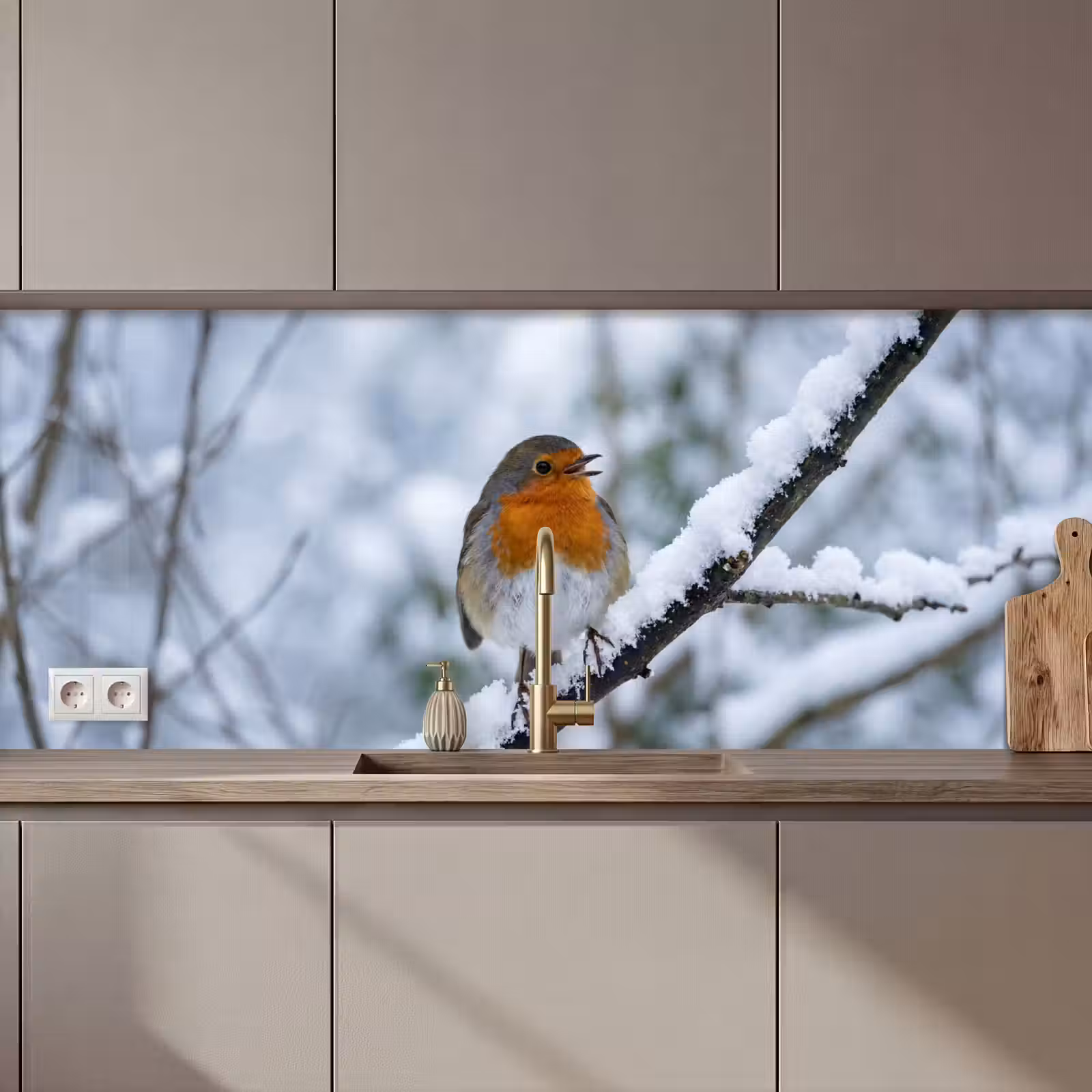 Keuken achterwand - Roodborstje - Tak - Sneeuw - Winter - Levendig — 1