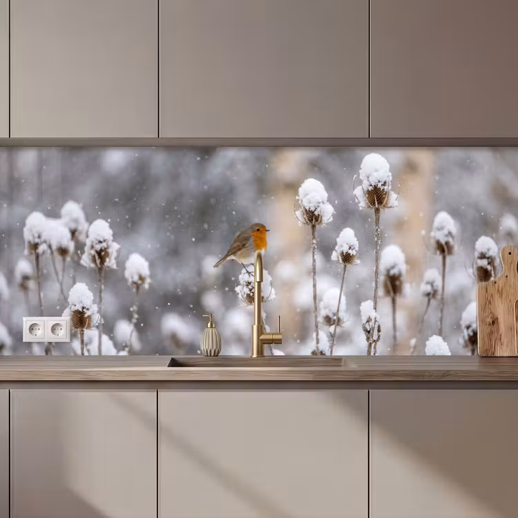 Keuken achterwand - Roodborstje - Gedroogde bloem - Sneeuw - Winter - Vertederend — 1