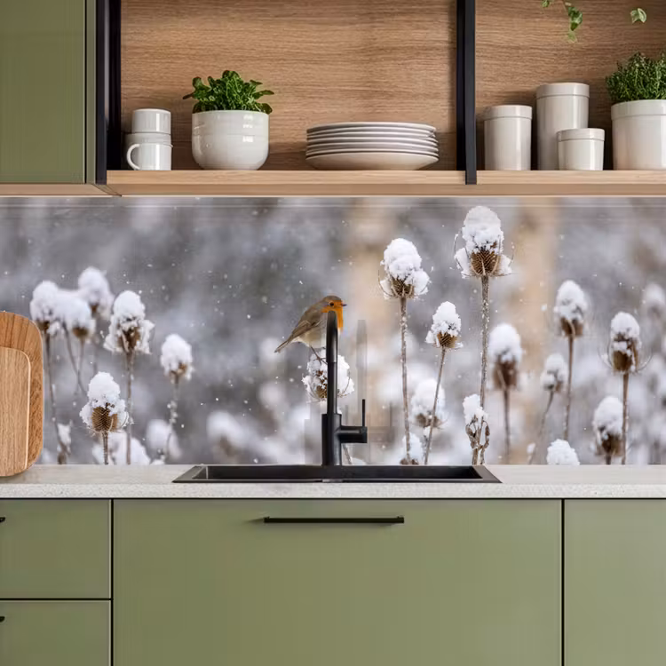 Keuken achterwand - Roodborstje - Gedroogde bloem - Sneeuw - Winter - Vertederend — 5