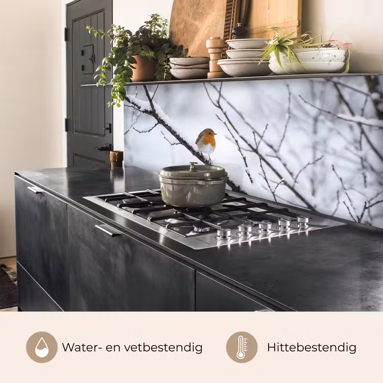 Keuken achterwand - Roodborstje - Tak - Sneeuw - Winter - Levendig — 3