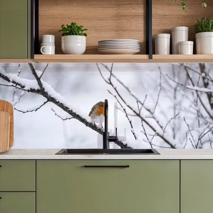 Keuken achterwand - Roodborstje - Tak - Sneeuw - Winter - Levendig — 5