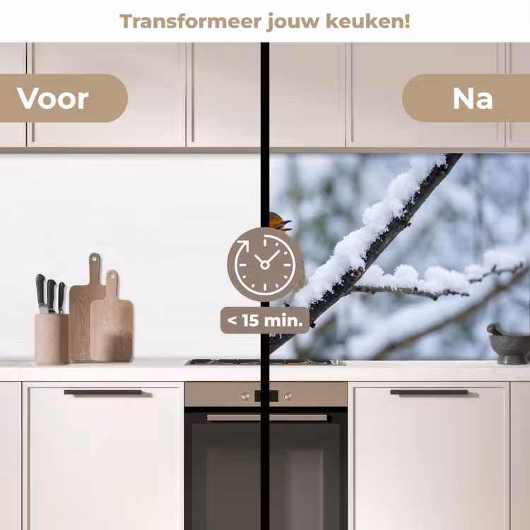 Keuken achterwand - Roodborstje - Tak - Sneeuw - Winter - Levendig — 2