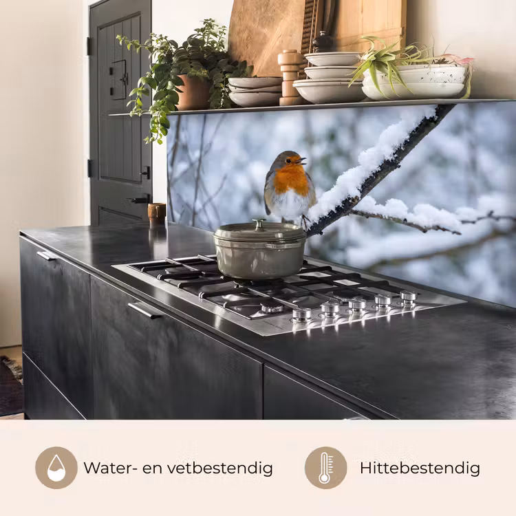 Keuken achterwand - Roodborstje - Tak - Sneeuw - Winter - Levendig — 3