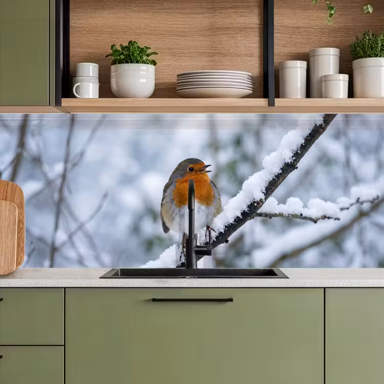 Keuken achterwand - Roodborstje - Tak - Sneeuw - Winter - Levendig — 5