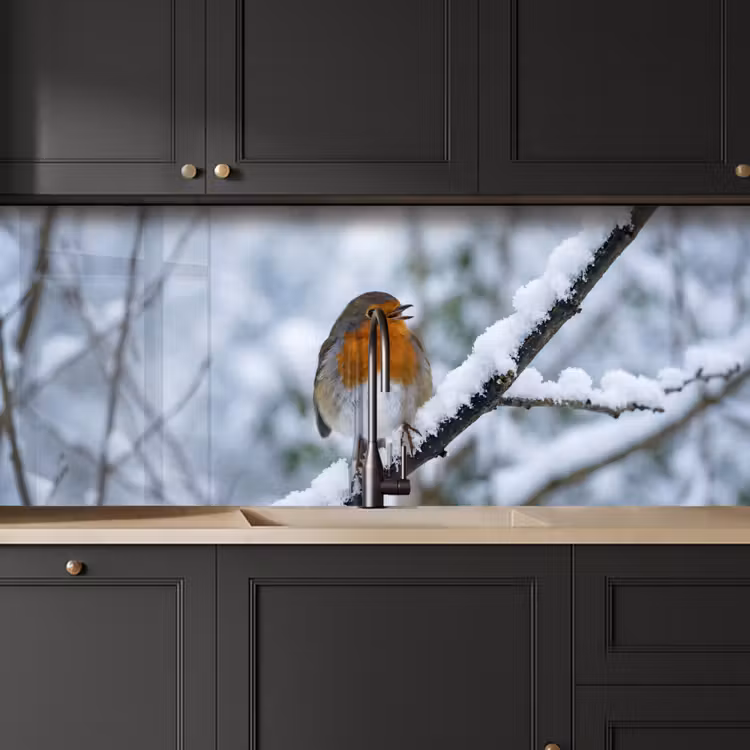Keuken achterwand - Roodborstje - Tak - Sneeuw - Winter - Levendig — 6