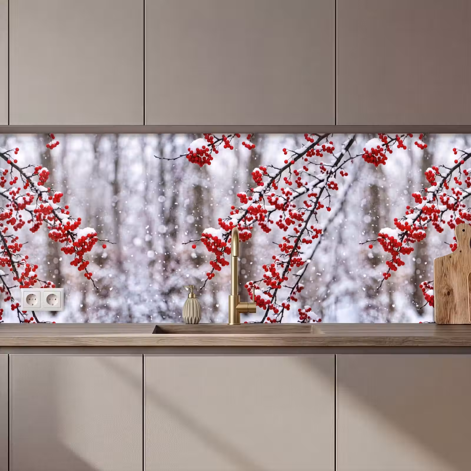 Keuken achterwand - Bessen - Takken - Sneeuw - Winter - Kleurrijk — 1