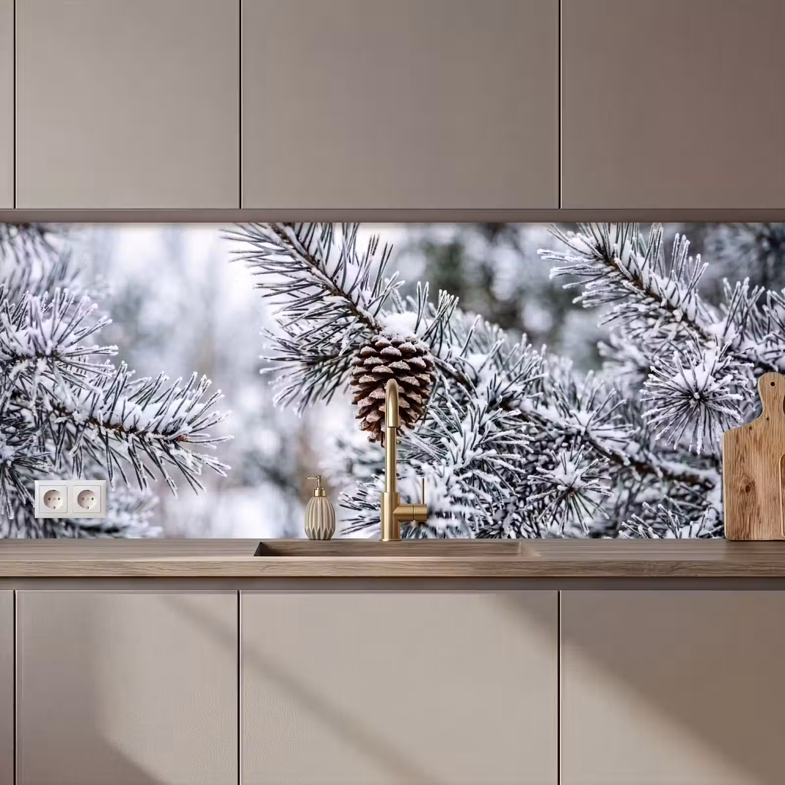 Keuken achterwand - Dennenappel - Tak - Sneeuw - Winter - Sfeervol — 1