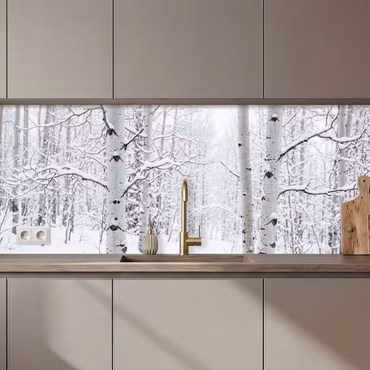 Keuken achterwand - Berkenbomen - Sneeuw - Winter - Bos - Wit — 1