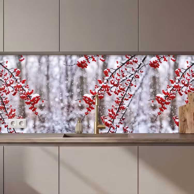Keuken achterwand - Bessen - Takken - Sneeuw - Winter - Kleurrijk — 1