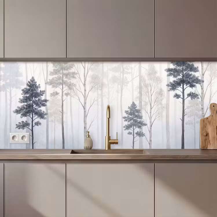 Keuken achterwand - Bos - Bomen - Mist - Natuur - Illustratie - Grijs — 1