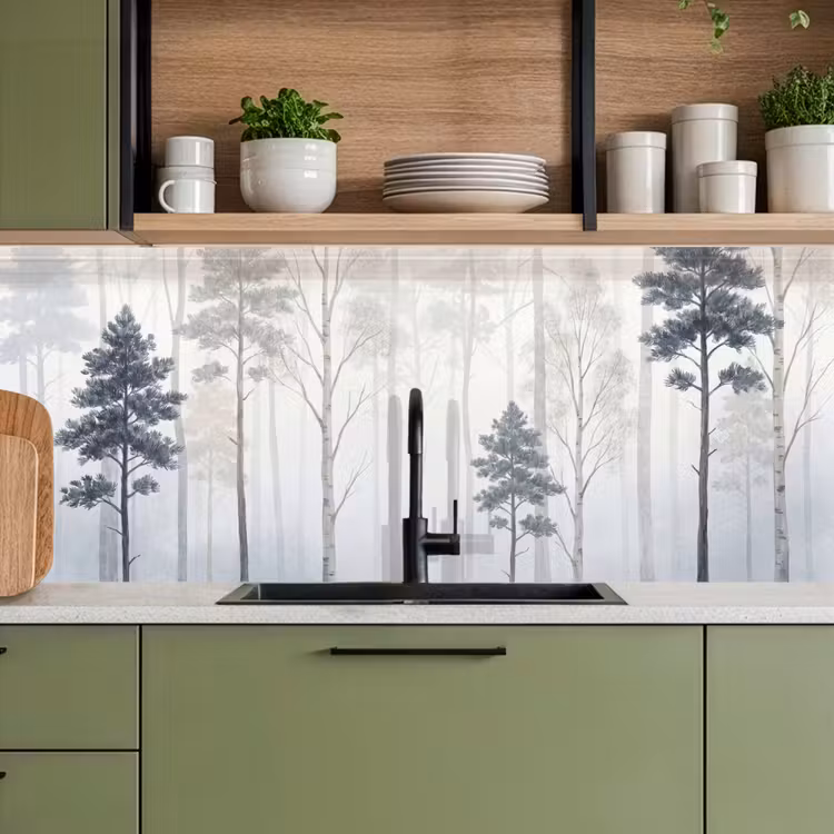 Keuken achterwand - Bos - Bomen - Mist - Natuur - Illustratie - Grijs — 5