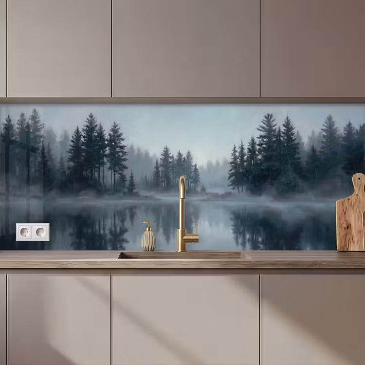 Keuken achterwand - Bos - Meer - Mist - Natuur - Grijs — 1