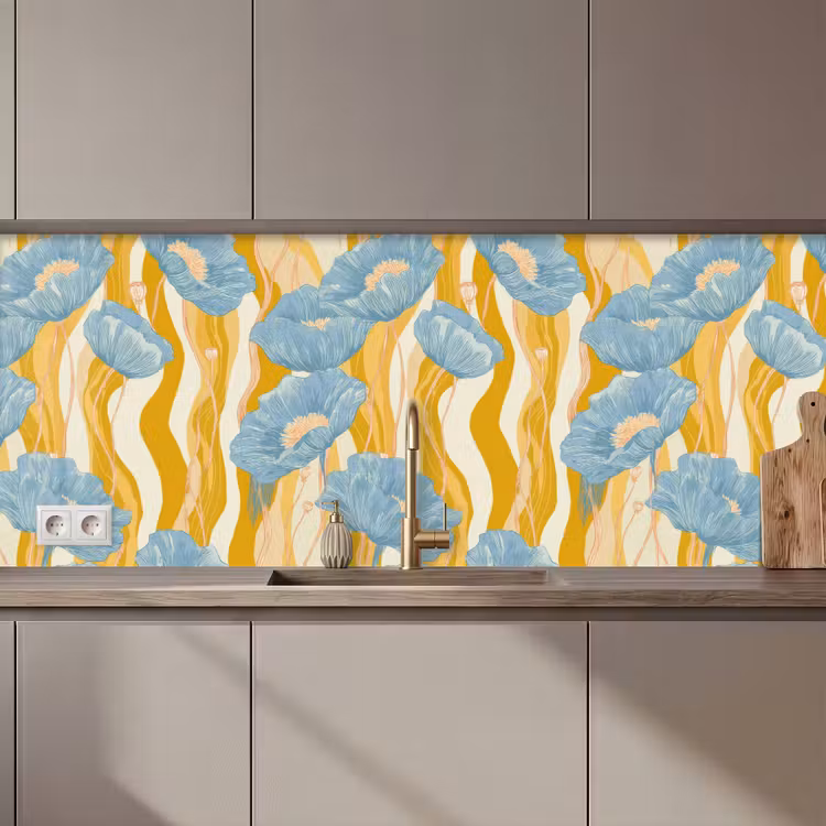 Keuken achterwand - Papavers - Botanisch - Blauw — 1