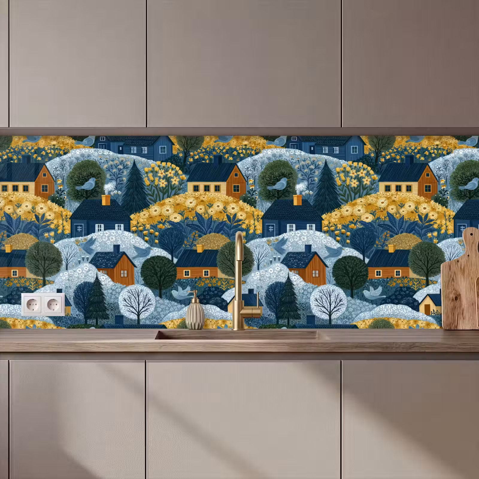 Keuken achterwand - Huisjes - Bloemen - Patroon - Geel - Blauw — 1