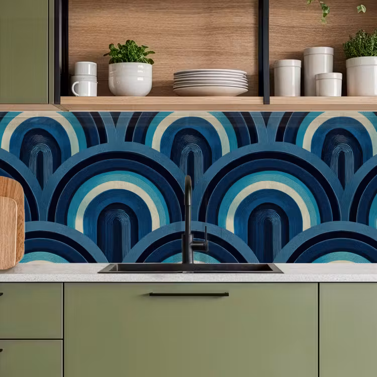 Keuken achterwand - Bogen - Geometrisch - Patroon - Blauw - Retro — 5