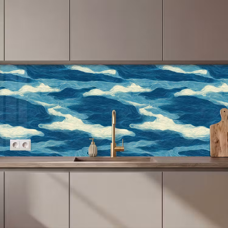 Keuken achterwand - Golven - Abstract - Patroon - Blauw - Wit — 1