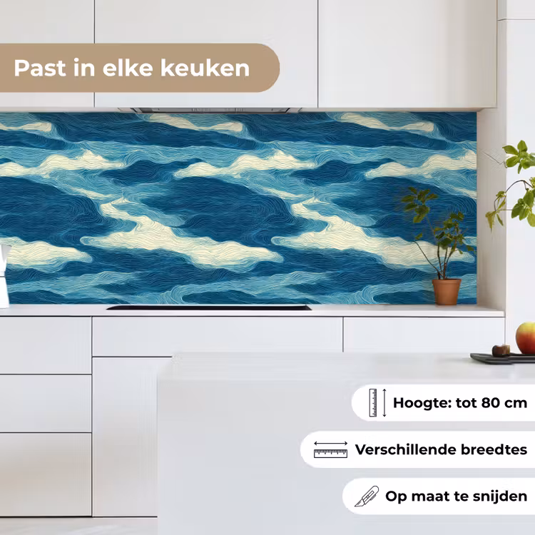 Keuken achterwand - Golven - Abstract - Patroon - Blauw - Wit — 4
