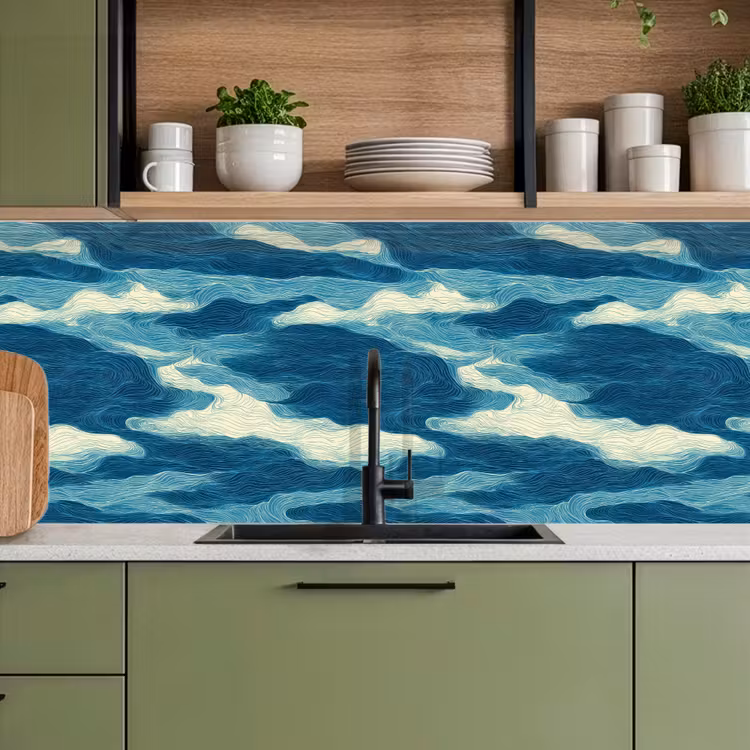 Keuken achterwand - Golven - Abstract - Patroon - Blauw - Wit — 5