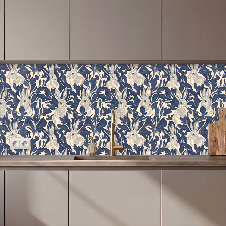 Keuken achterwand - Hazen - Bladeren - Patroon - Blauw - Beige — 1