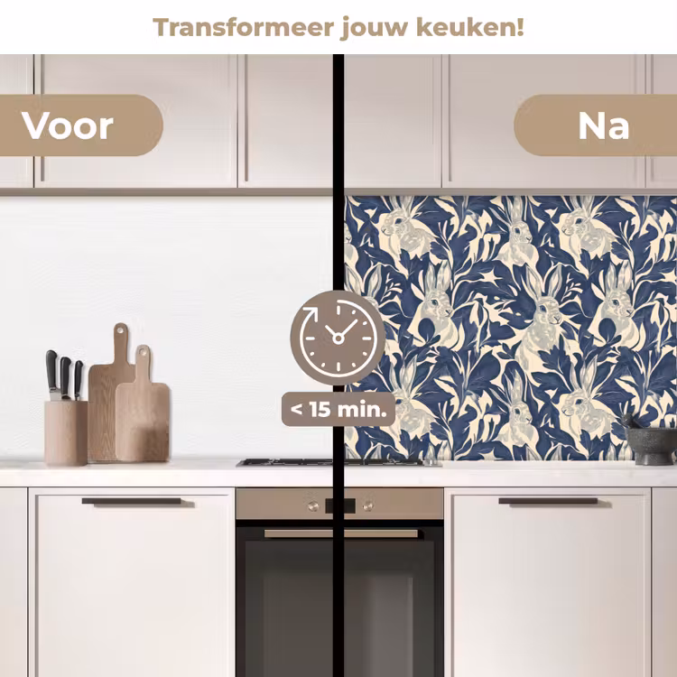 Keuken achterwand - Hazen - Bladeren - Patroon - Blauw - Beige — 2