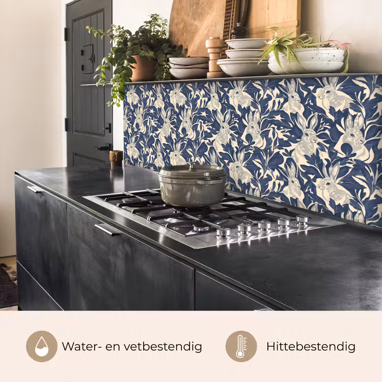 Keuken achterwand - Hazen - Bladeren - Patroon - Blauw - Beige — 3