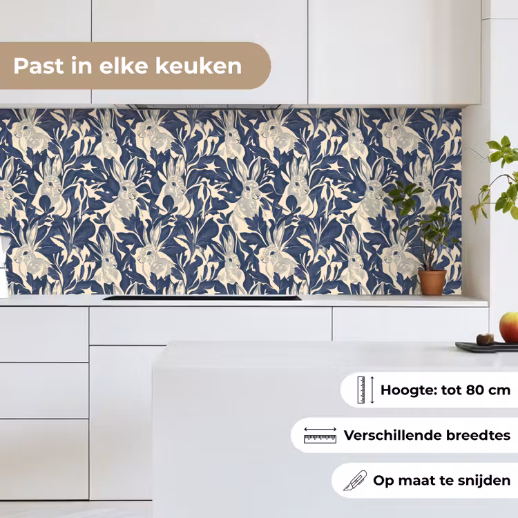 Keuken achterwand - Hazen - Bladeren - Patroon - Blauw - Beige — 4