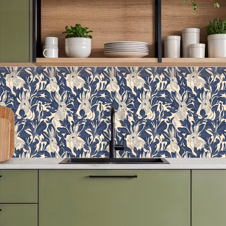 Keuken achterwand - Hazen - Bladeren - Patroon - Blauw - Beige — 5