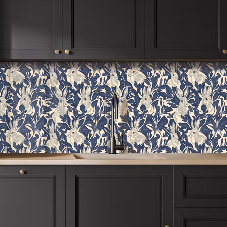 Keuken achterwand - Hazen - Bladeren - Patroon - Blauw - Beige — 6