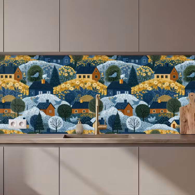 Keuken achterwand - Huisjes - Bloemen - Patroon - Geel - Blauw — 1