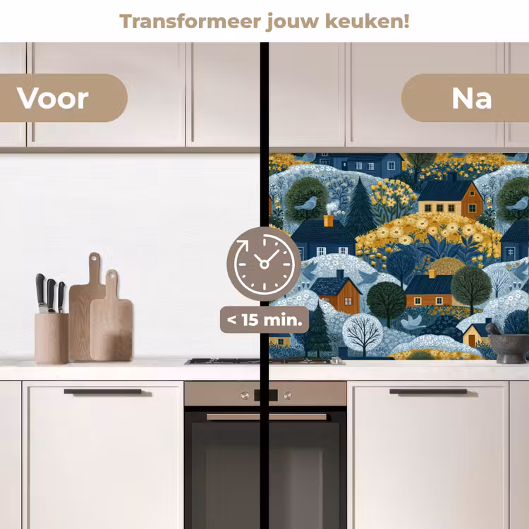 Keuken achterwand - Huisjes - Bloemen - Patroon - Geel - Blauw — 2