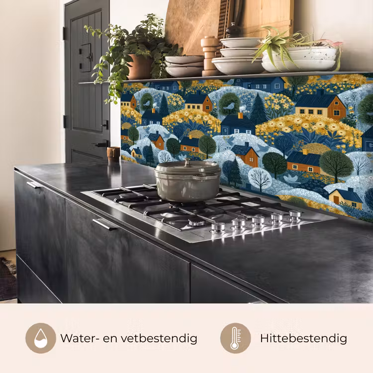 Keuken achterwand - Huisjes - Bloemen - Patroon - Geel - Blauw — 3