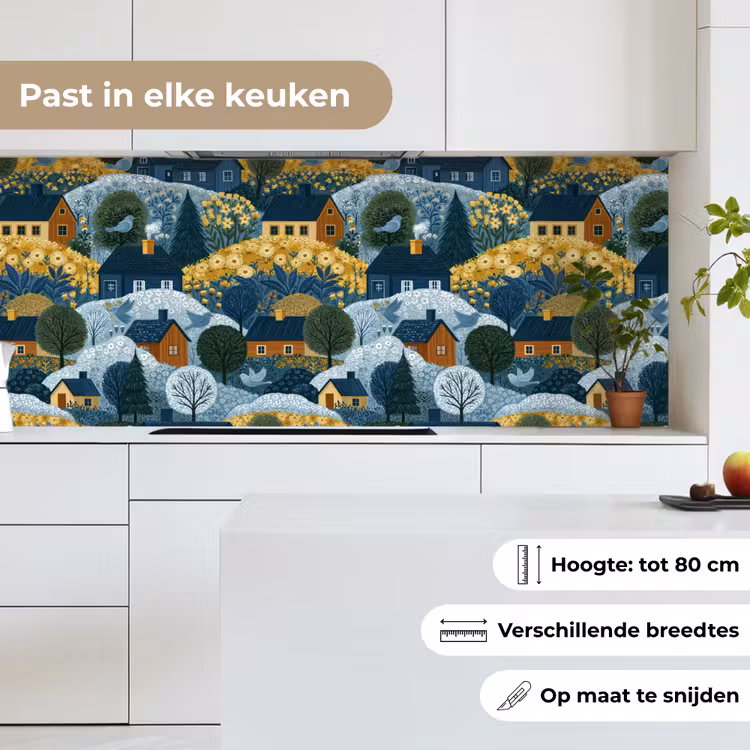 Keuken achterwand - Huisjes - Bloemen - Patroon - Geel - Blauw — 4