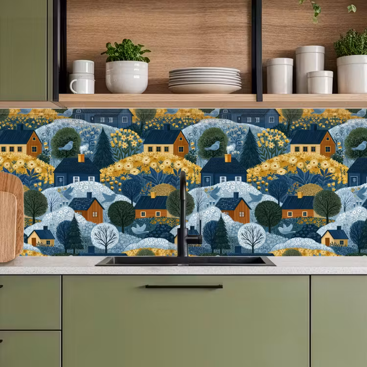Keuken achterwand - Huisjes - Bloemen - Patroon - Geel - Blauw — 5